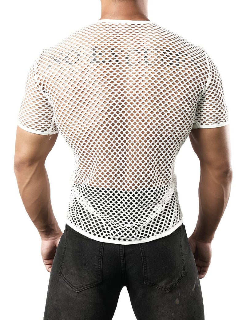 JOGAL Men's Mesh Fishnet Fitted Short Sleeve Muscle Top Large WG02 White - Image 3